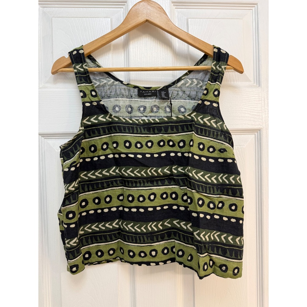 Tahari Linen Tank Top Women Medium Green Tribal Print Cropped Boho Sleeveless